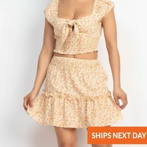 Square Floral Tie Ribbon Top & Ruffled Skirts Set - Skirt Set - Floral Skirt